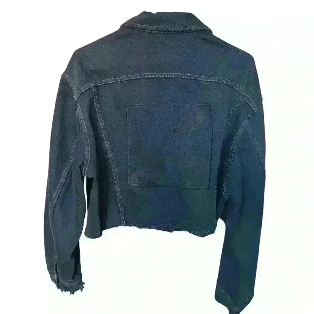 Free people Tricia Fix Western Crop denim jacket size L zipper in wash black nwt - Picture 2 of 12